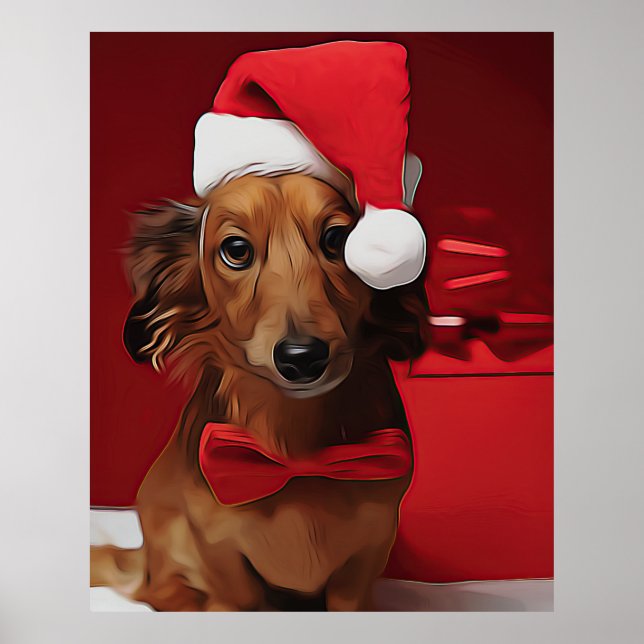 Affiche Dachshund Sitting In Front Of A Christmas Gift (Devant)