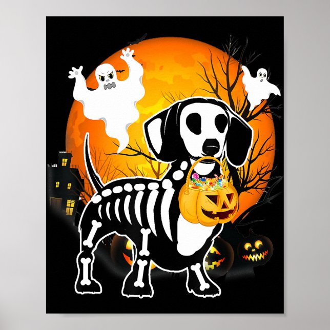 Affiche Dachshund Skeleton Halloween Joyeux cadeau Citroui (Devant)