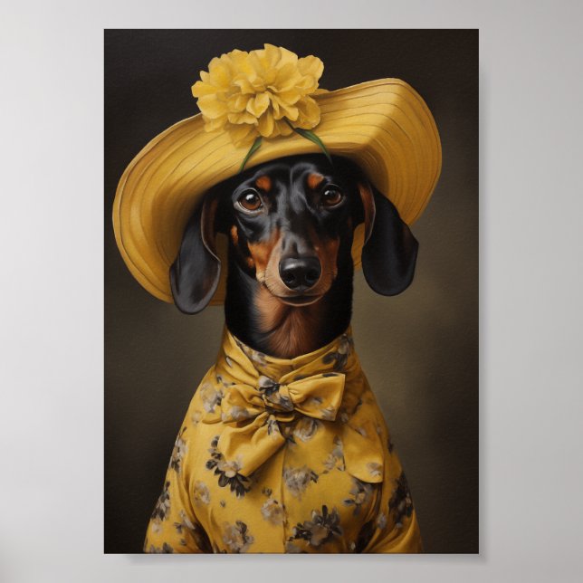 Affiche Dachshund sophistiqué en jaune (Devant)