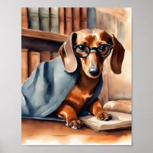 Affiche Dachshund vintage dans l'ancienne bibliothèque