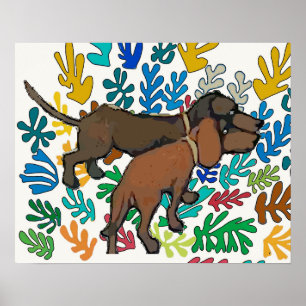 Affiche Dachshunds et Feuilles Abstraits