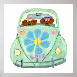 Affiche Dachshunds Hippies Dans Leur Voiture Fleurie D'Amo