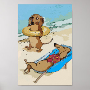 Affiche Dachshunds sur la plage