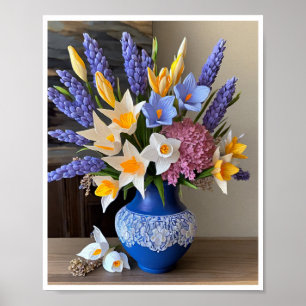 Affiche Daffodiques d'arrangement floral Vase bleu étonnan