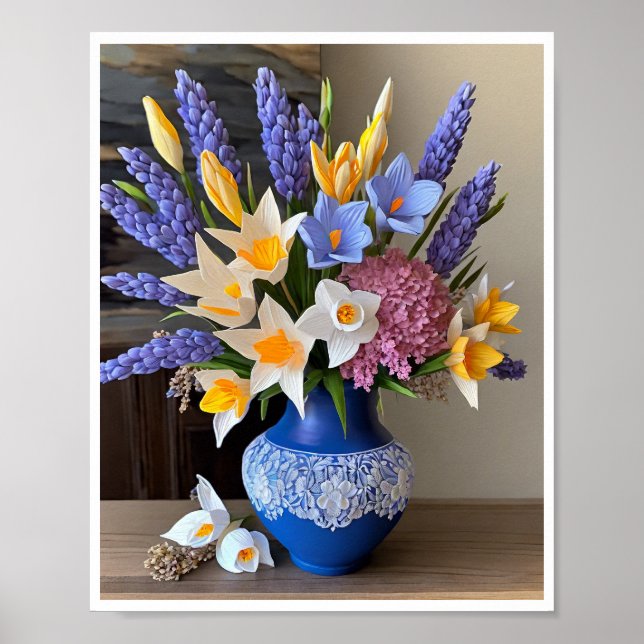 Affiche Daffodiques d'arrangement floral Vase bleu étonnan (Devant)