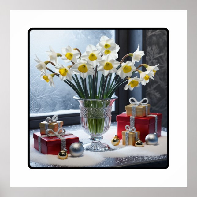 Affiche Daffodiques et cadeaux sur un rebord de neige (Devant)