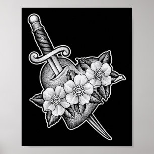 Affiche Dagger À Travers Le Coeur X Fleurs Blackwork Tatto