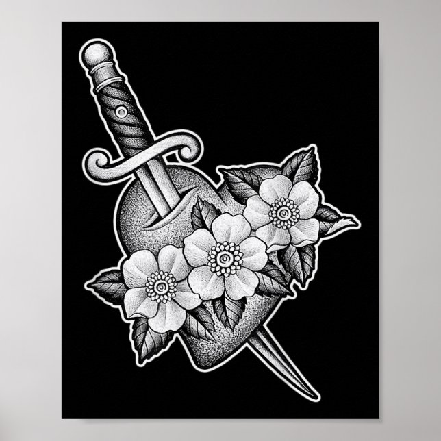 Affiche Dagger À Travers Le Coeur X Fleurs Blackwork Tatto (Devant)