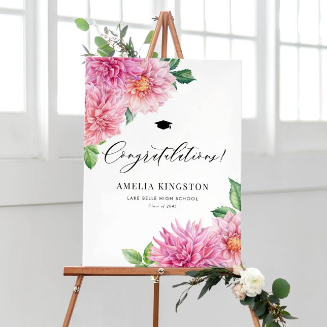 Affiche Dahlia Aquarelle Rose Félicitations Diplôme (Congratulations to the graduate! Botanical graduation welcome sign showing watercolor pink dahlias.)