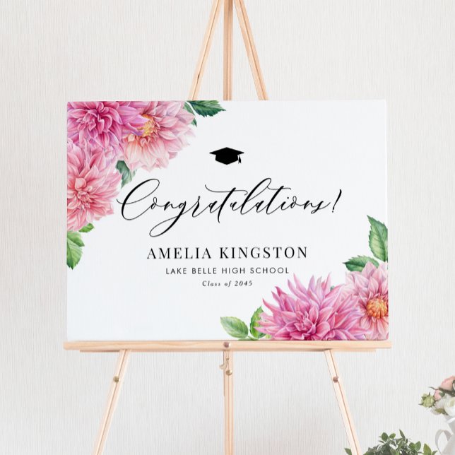 Affiche Dahlia Rose Botanique Félicitations Diplômé (Congratulations to the graduate! Botanical graduation party sign featuring watercolor pink dahlias. )