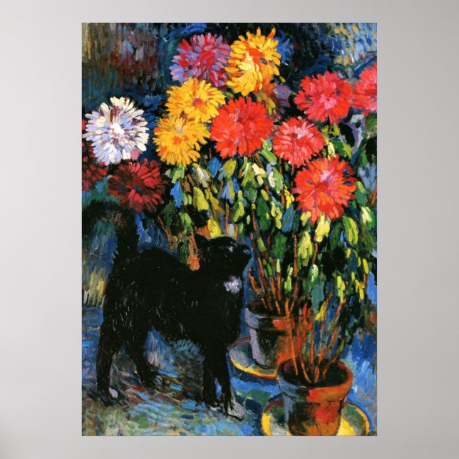 Affiche Dahlias et Chat noir, peinture d'art (Devant)
