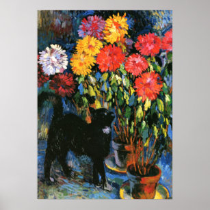 Affiche Dahlias et Chat noir, peinture d'art