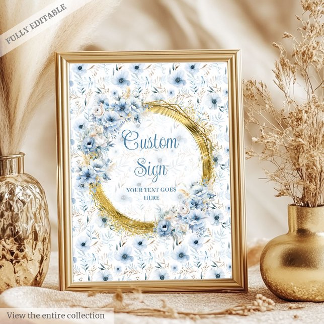 Affiche Dainty bleu poussiéreux aquarelle fleurs or person (Dainty dusty blue watercolor flowers gold custom poster)