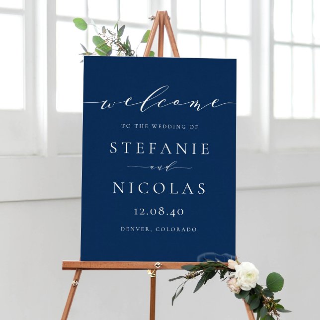 Affiche Dainty Script Simple Marine Blue Mariage Bienvenue (Customizable navy blue minimalist script wedding welcome sign)