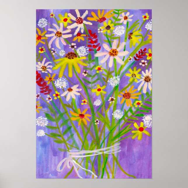 Affiche Daisy Bouquet Fleur sauvage peinture violet art (Devant)