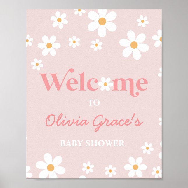Affiche Daisy Pink Retro Peace Love Baby shower Bienvenue  (Devant)