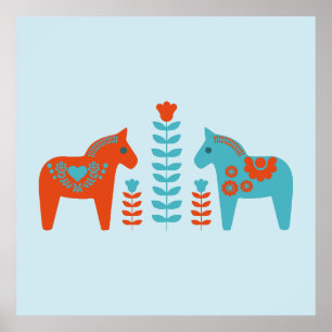 Affiche Dala d'art populaire scandinave Chevaux et fleurs