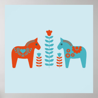 Affiche Dala d'art populaire scandinave Chevaux et fleurs