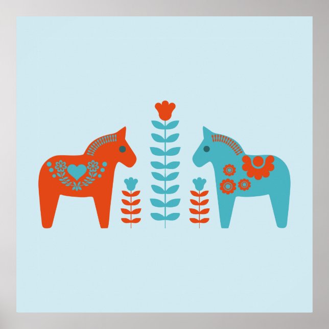 Affiche Dala d'art populaire scandinave Chevaux et fleurs (Devant)