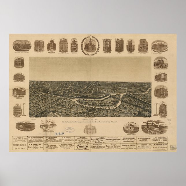 Affiche Dallas Texas 1892 Carte panoramique antique (Devant)