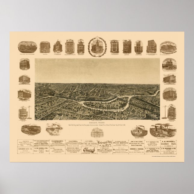 Affiche Dallas, TX Carte panoramique - 1892 (Devant)