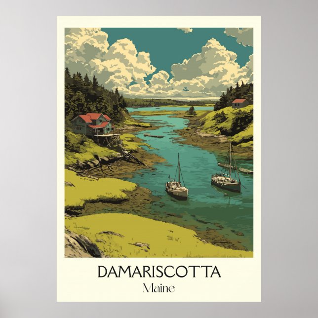 Affiche Damariscotta ME Vintage River Bateaux Art côtier (Devant)