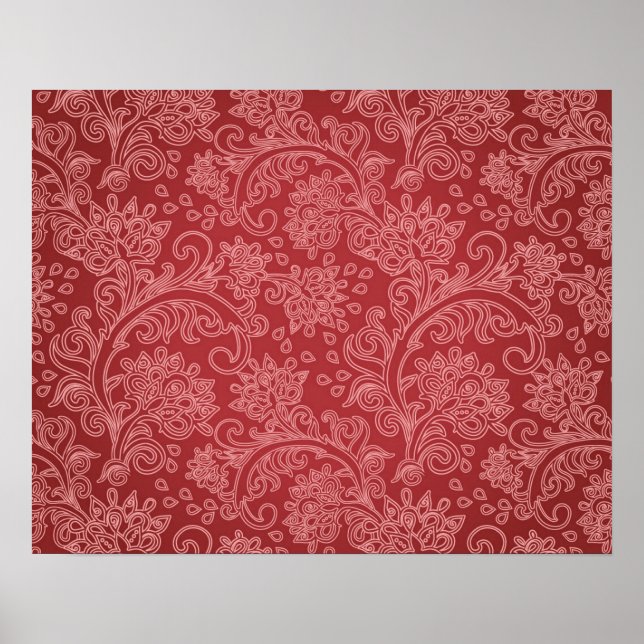 Affiche Damas floral classique de designer Paisley rouge (Devant)