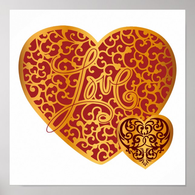 Affiche Damask Golden Love Red Heart (Devant)