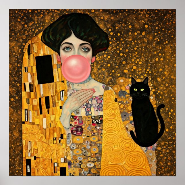 Affiche Dame à la gomme à mâcher rose avec chat noir Gusta (Devant)