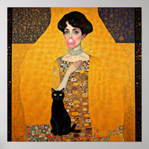 Affiche Dame à la gomme à mâcher rose avec chat noir Gusta