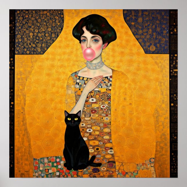 Affiche Dame à la gomme à mâcher rose avec chat noir Gusta (Devant)