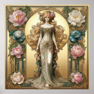 Affiche Dame Art nouveau avec pivoines