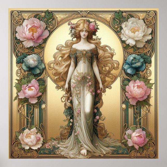 Affiche Dame Art nouveau avec pivoines (Devant)