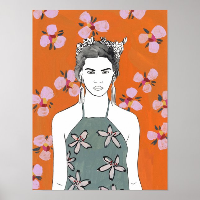 Affiche Dame aux fleurs roses - Orange (Devant)