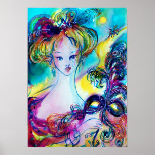 Affiche DAME AVEC MASQUE FEATHEREE Vénitien Masquerade Nui