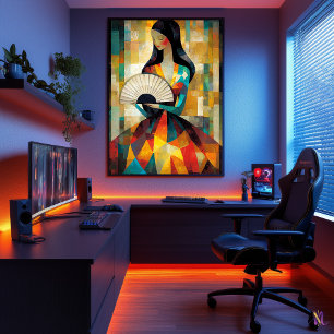 Affiche Dame avec un éventail - Cubiste inspiré par Klimt