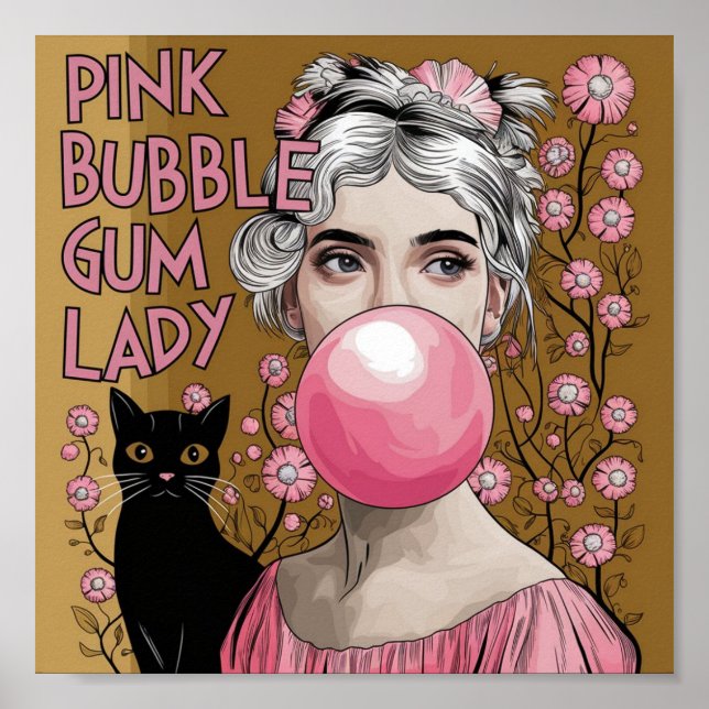 Affiche Dame Bubble Gum Rose avec Chat Noir Gustav Klimt (Devant)