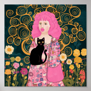 Affiche Dame Bubble Gum Rose avec l'art félin de Gustav Kl