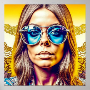 Affiche Dame cool en Lunettes de soleil bleues