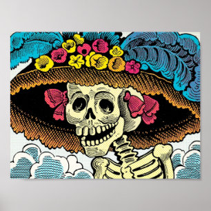 Affiche Dame Crâne de Sucre au Chapeau de Soleil Floral Gr