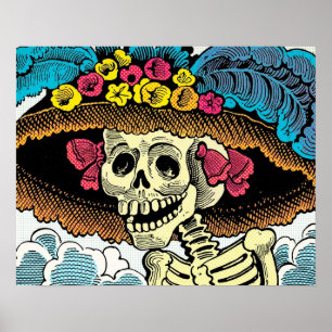 Affiche Dame Crâne de Sucre avec Chapeau de Soleil Floral
