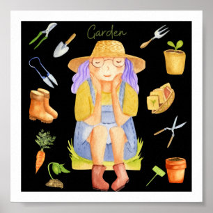 Affiche Dame de jardin fantaisiste en art aquarelle