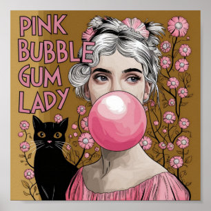 Affiche Dame de la gomme à bulle rose avec chat noir Gusta