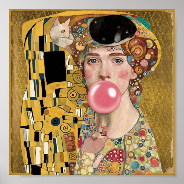 Affiche Dame de la gomme à bulle rose avec Gustav Klimt Ca (Devant)