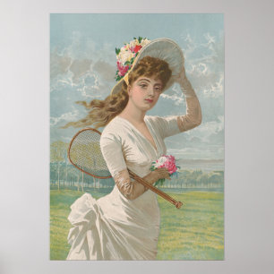 Affiche Dame de tennis victorienne avec chapeau à fleurs A