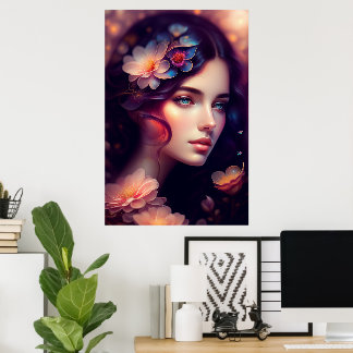 Affiche Dame élégante aux fleurs orange rose bleu
