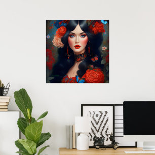 Affiche Dame élégante vintage en rose rouge fleur