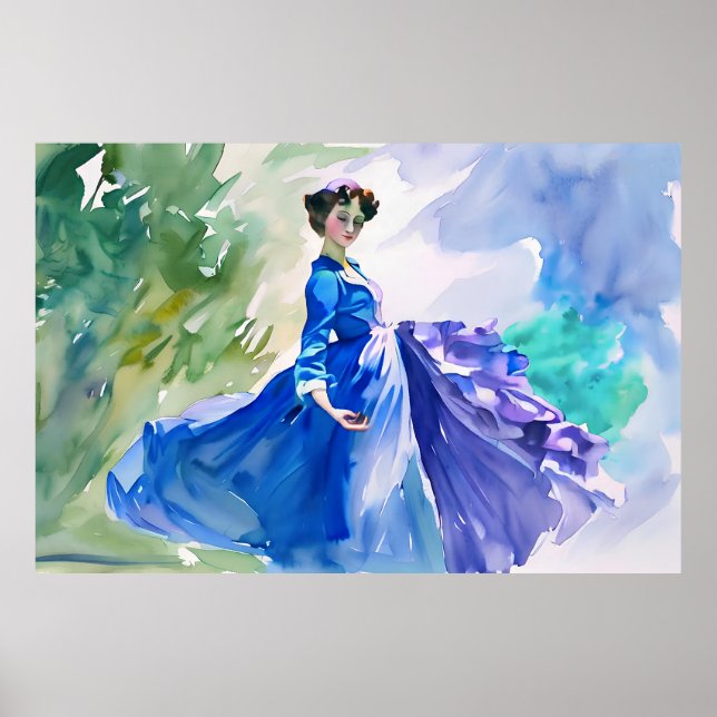 Affiche Dame en Robe Bleue - Peinture aquarelle (Devant)