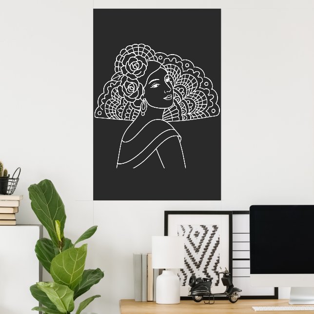 Affiche Dame espagnole flamenco avec éventail dessin à l'e (Bureau à domicile)
