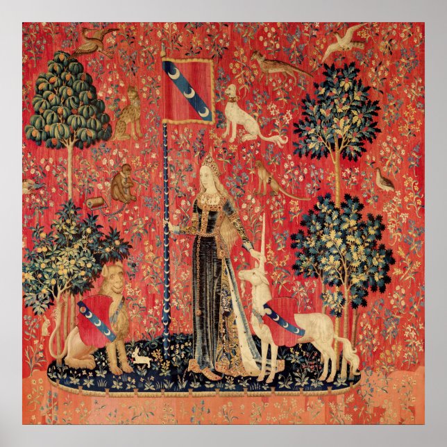 Affiche DAME ET LICORNE Lion,Fleurs de fantaisie,Animaux (Devant)
